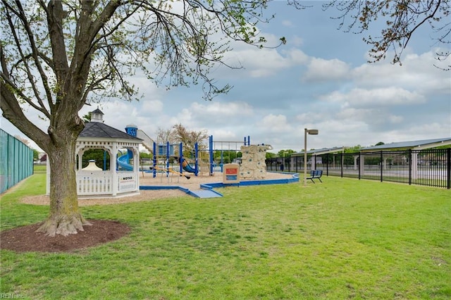 view of play area featuring a gazebo and a yard