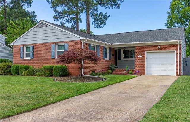 single story home featuring a garage and a front lawn