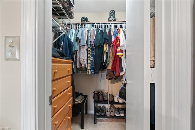 walk in closet with carpet flooring