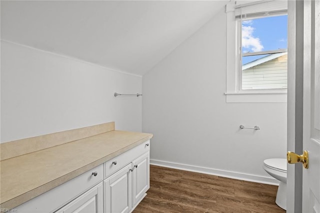 bathroom featuring vanity, wood-type flooring, vaulted ceiling, and toilet