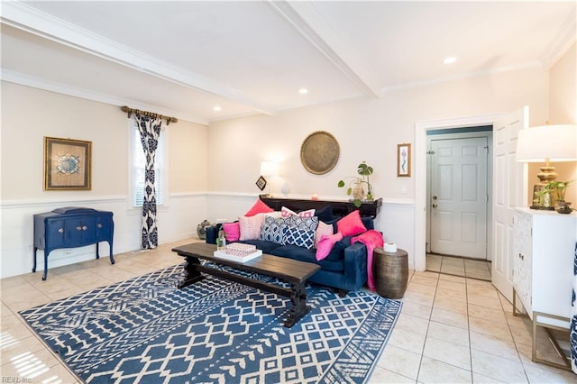 tiled living room featuring beamed ceiling and crown molding