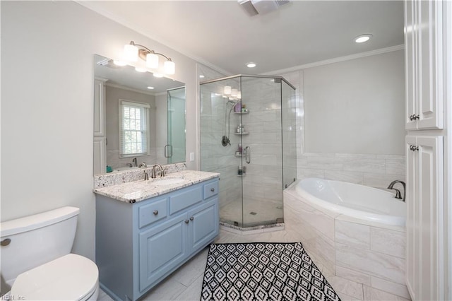 full bathroom with crown molding, toilet, vanity, and plus walk in shower