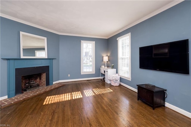 unfurnished living room with dark wood-type flooring and ornamental molding