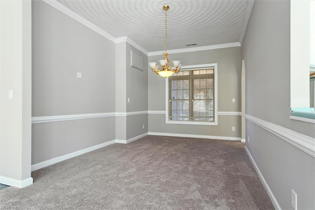 carpeted empty room with an inviting chandelier and ornamental molding