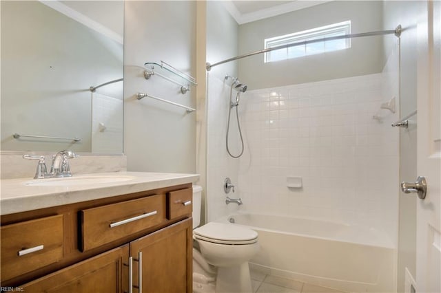 full bathroom with toilet, vanity, tile patterned flooring, shower / bathing tub combination, and ornamental molding