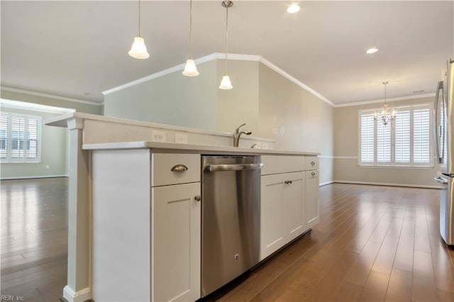 kitchen with white cabinetry, decorative light fixtures, a chandelier, crown molding, and stainless steel dishwasher