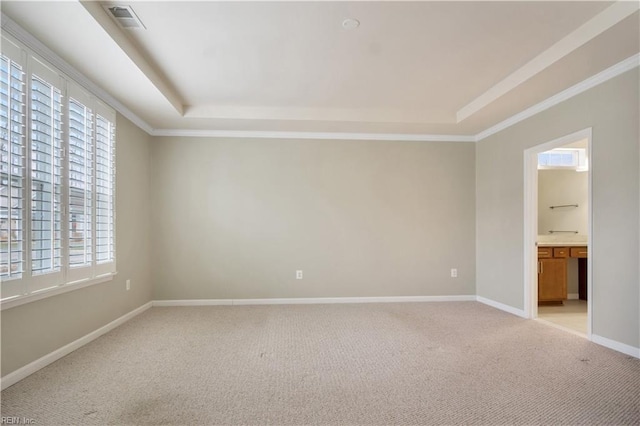 empty room with light carpet, crown molding, and a tray ceiling