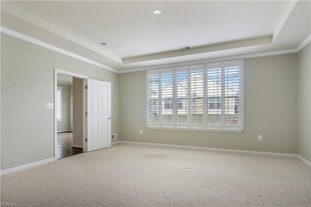 spare room with carpet floors, ornamental molding, and a raised ceiling