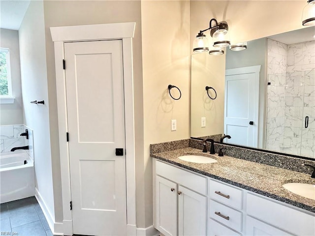 bathroom with vanity, tile patterned floors, and plus walk in shower