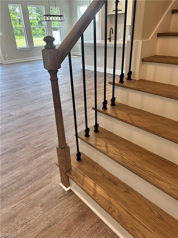 stairs with hardwood / wood-style flooring