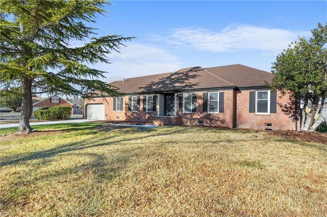 single story home featuring a garage and a front yard