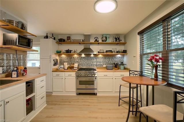 kitchen featuring white cabinetry, butcher block countertops, stainless steel appliances, tasteful backsplash, and light wood-type flooring