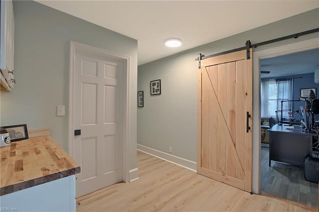 hall featuring a barn door and hardwood / wood-style floors