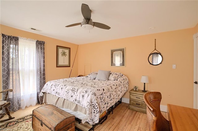 bedroom featuring ceiling fan and light hardwood / wood-style flooring