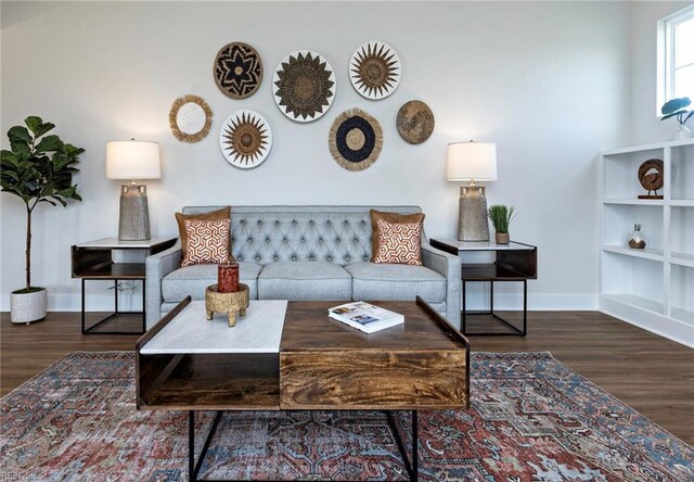 living room with built in shelves and dark hardwood / wood-style floors