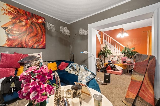 interior space featuring carpet floors, a notable chandelier, and ornamental molding