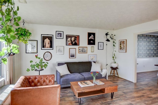 living room with dark hardwood / wood-style floors