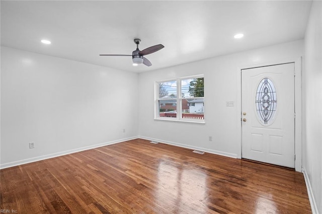 entryway featuring hardwood / wood-style flooring and ceiling fan