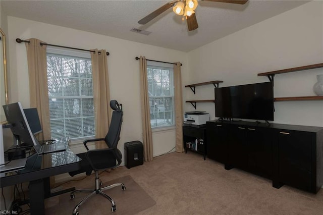 carpeted office with ceiling fan and plenty of natural light