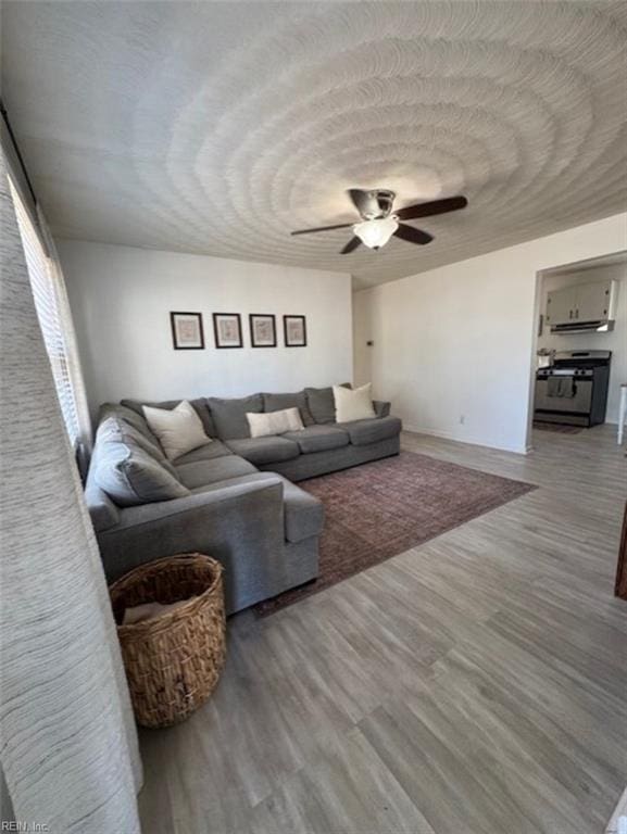 living room with ceiling fan and hardwood / wood-style floors