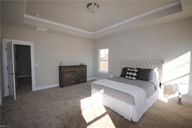 carpeted bedroom featuring a raised ceiling