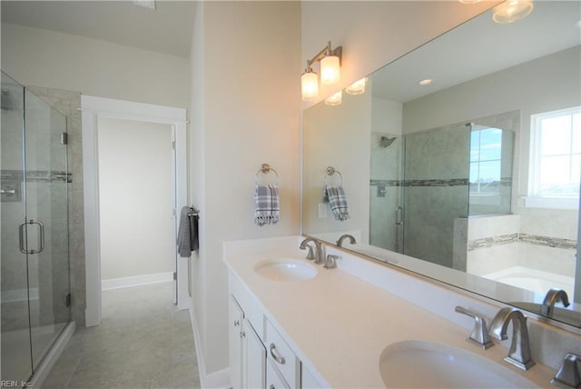 bathroom featuring vanity and plus walk in shower