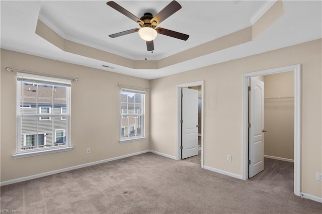 unfurnished bedroom featuring a spacious closet, a tray ceiling, ornamental molding, and ceiling fan