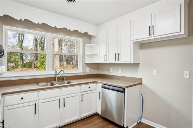 kitchen featuring white cabinetry, dishwasher, dark hardwood / wood-style floors, and sink