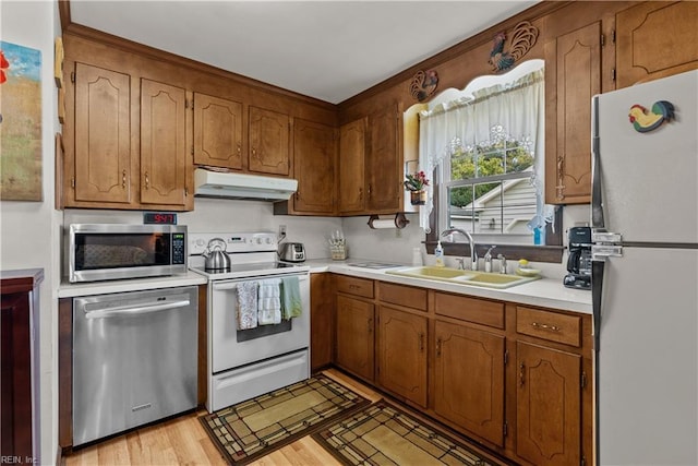 kitchen with light wood-type flooring, stainless steel appliances, and sink