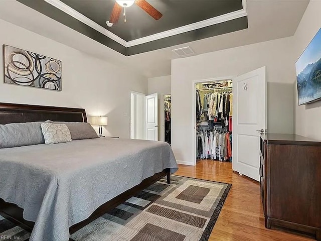 bedroom with ceiling fan, a tray ceiling, a closet, and a walk in closet