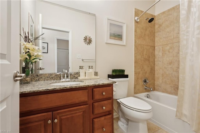 full bathroom with toilet, tile patterned flooring, vanity, and shower / bath combo with shower curtain