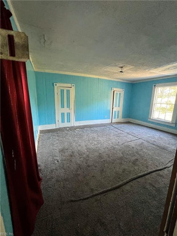 spare room with a textured ceiling and carpet flooring