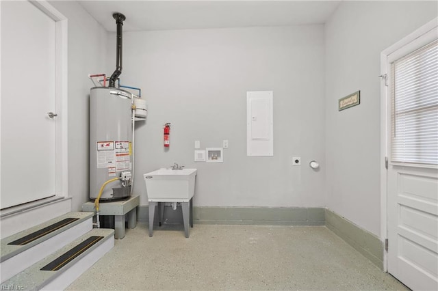 utility room featuring water heater and electric panel