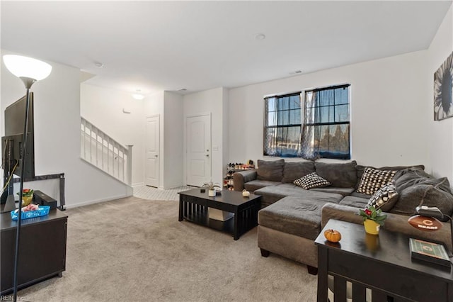 living room featuring light colored carpet