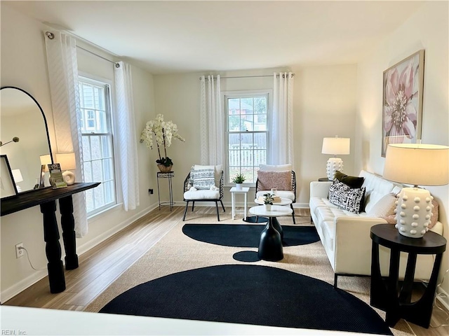 living room with a healthy amount of sunlight and light hardwood / wood-style floors