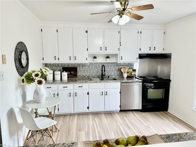 kitchen featuring dishwasher, sink, white cabinetry, and ornamental molding