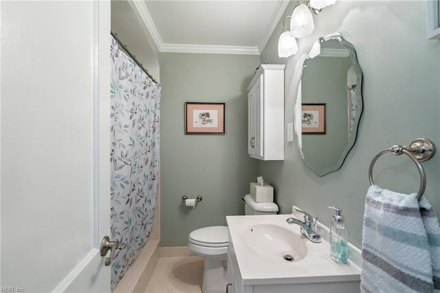 bathroom with toilet, vanity, tile patterned floors, crown molding, and curtained shower