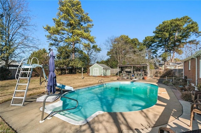 view of pool with a storage unit, a playground, a diving board, a patio, and a lawn