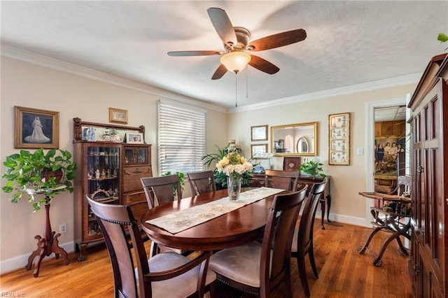 dining room featuring ceiling fan, wood-type flooring, and ornamental molding