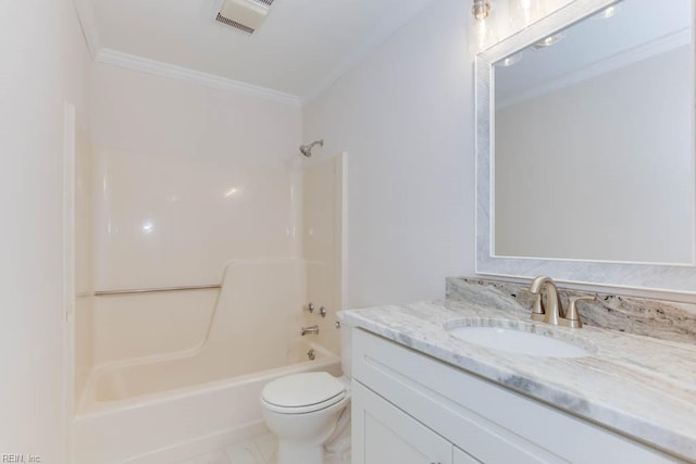 full bathroom with toilet, vanity, ornamental molding, and washtub / shower combination