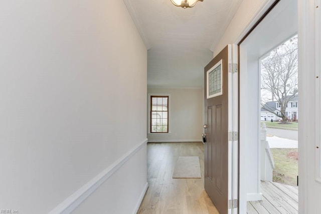 corridor featuring crown molding and light hardwood / wood-style flooring