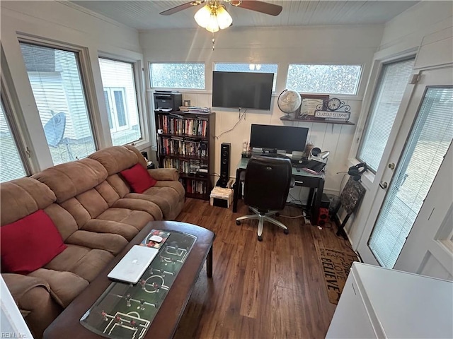 home office featuring ceiling fan and dark hardwood / wood-style flooring