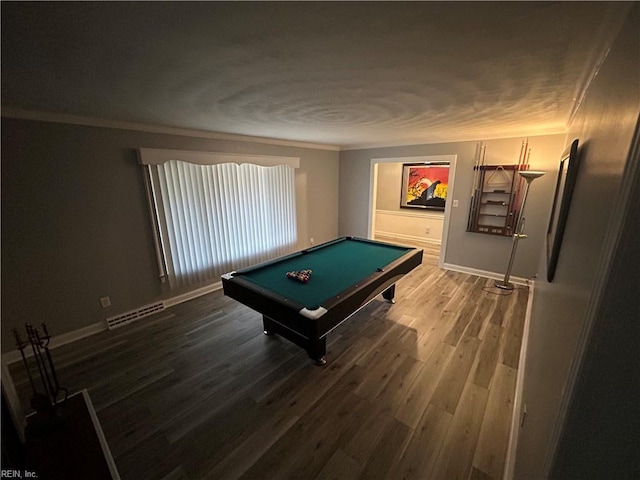 game room with ornamental molding, pool table, and wood-type flooring