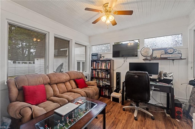 office space featuring ceiling fan and wood-type flooring