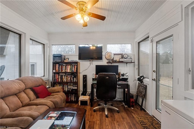 office area featuring ceiling fan, dark hardwood / wood-style floors, and plenty of natural light