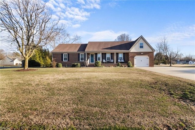 ranch-style home with a front lawn and a garage