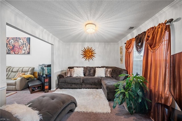 living room featuring a textured ceiling, ornamental molding, and carpet floors