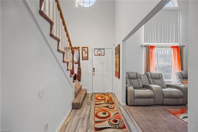 entrance foyer featuring wood-type flooring and a high ceiling