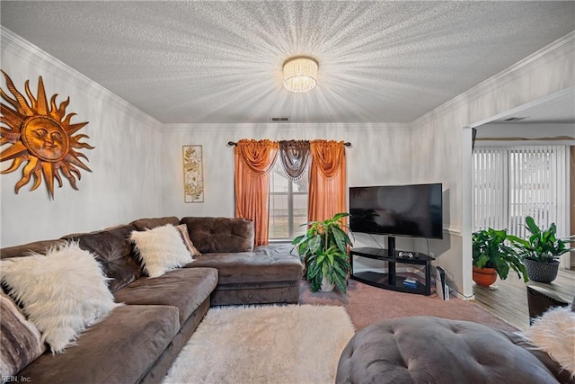 living room with a textured ceiling, ornamental molding, and carpet