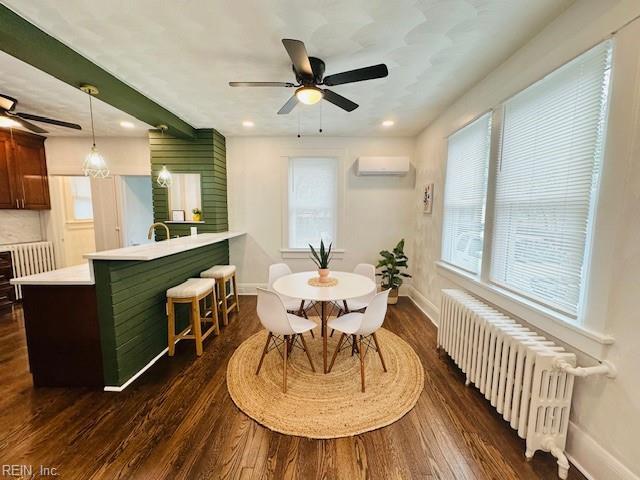 dining space featuring radiator, an AC wall unit, sink, ceiling fan, and dark hardwood / wood-style floors